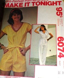 6074 MCCALLS 1978 CAP SLEEVE ZIPPY  JUMPSUIT LENGTHS, TIE BELT PATTERN 16 38B and  14 36B  UNCUT